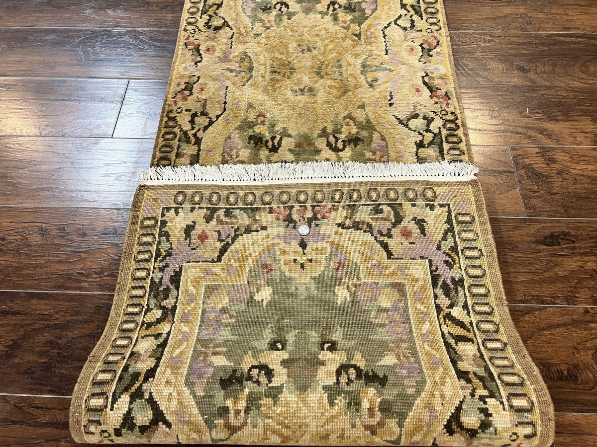 Tibetan Runner Rug 2.6 x 10, French Aubusson Pattern, Gold Olive Green, Vintage Handmade European Design, Wool Hallway Rug - Jewel Rugs, view 10