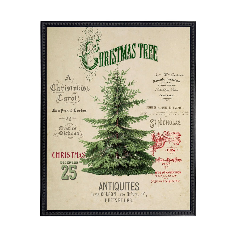 Vintage Painting of a Christmas Tree on a distressed bookplate background - Antique Curiosities