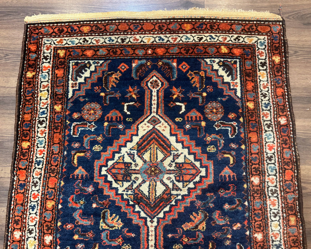 Antique Persian Hamadan Rug 4x6, Geometric, Double Medallions, Navy Blue, Tribal Carpet - Jewel Rugs, view 4