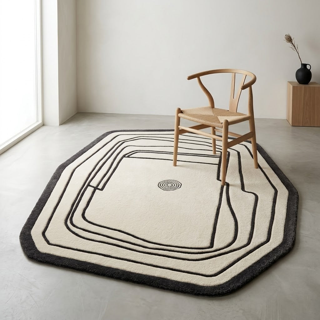 Minimalist Abstract Hand Tufted Wool Rug | Black Ivory Irregular Area Rug — 2x3 ft'
