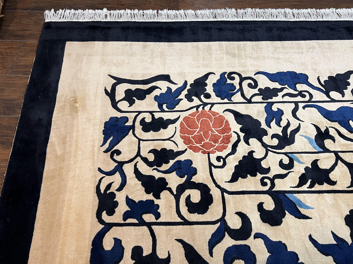 Antique Chinese Peking Rug 10x14, Beige Black, Handmade Wool Art Deco Carpet - Jewel Rugs, view 7