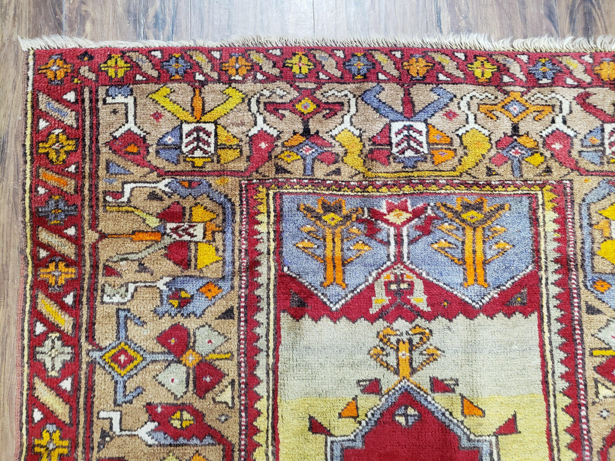 Antique Turkish Prayer Rug 3.8 x 5ft, Colorful Prayer Rug, Red Blue Gold Multicolor Turkish Anatolian Carpet, Handmade Hand-Knotted, Wool - Jewel Rugs, view 7