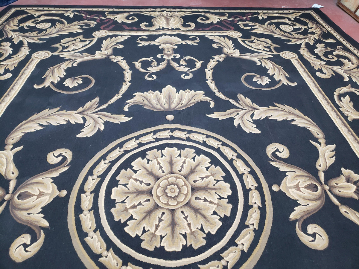 Black and Tan Aubusson Rug, 10 x 14 Aubusson Carpet, New Aubusson Rug, Elegant, Wool, Handmade Area Rug, Flatweave Rug, Large Aubusson Rug - Jewel Rugs, view 4