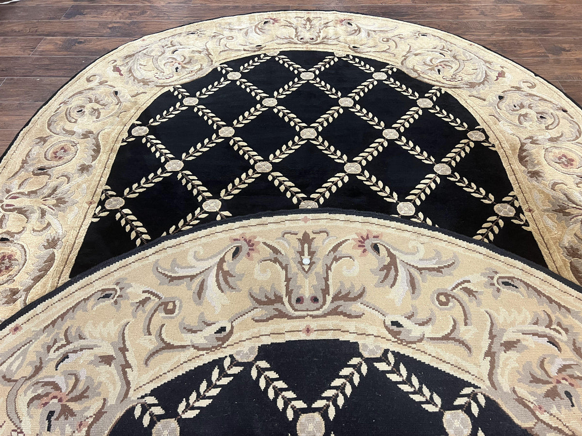 Oval Tibetan Rug 8x10, French Aubusson Design, Wool Handmade Vintage Carpet, Black & Beige, Soft Wool Pile - Jewel Rugs, view 12