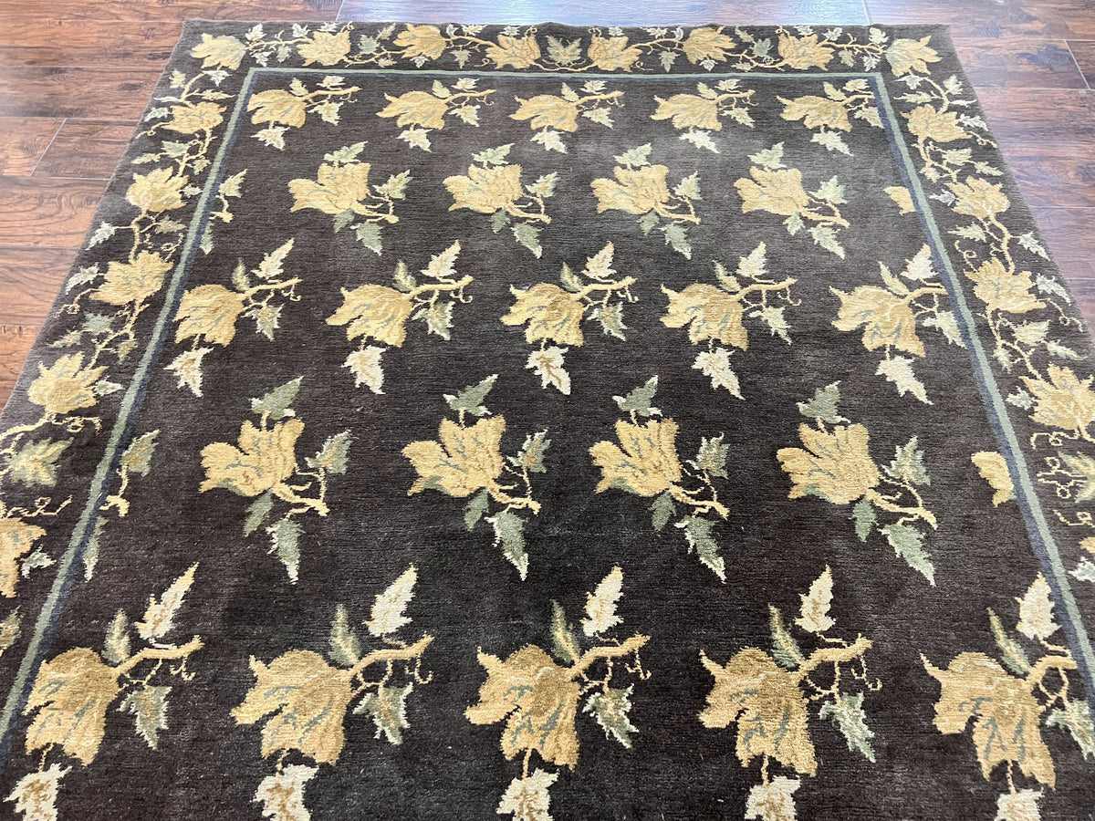 Tibetan Nepal Rug 6x9, Wool Hand Knotted Vintage Carpet 6 x 9, Dark Green & Golden Yellow, Floral Bouquets - Jewel Rugs, view 3