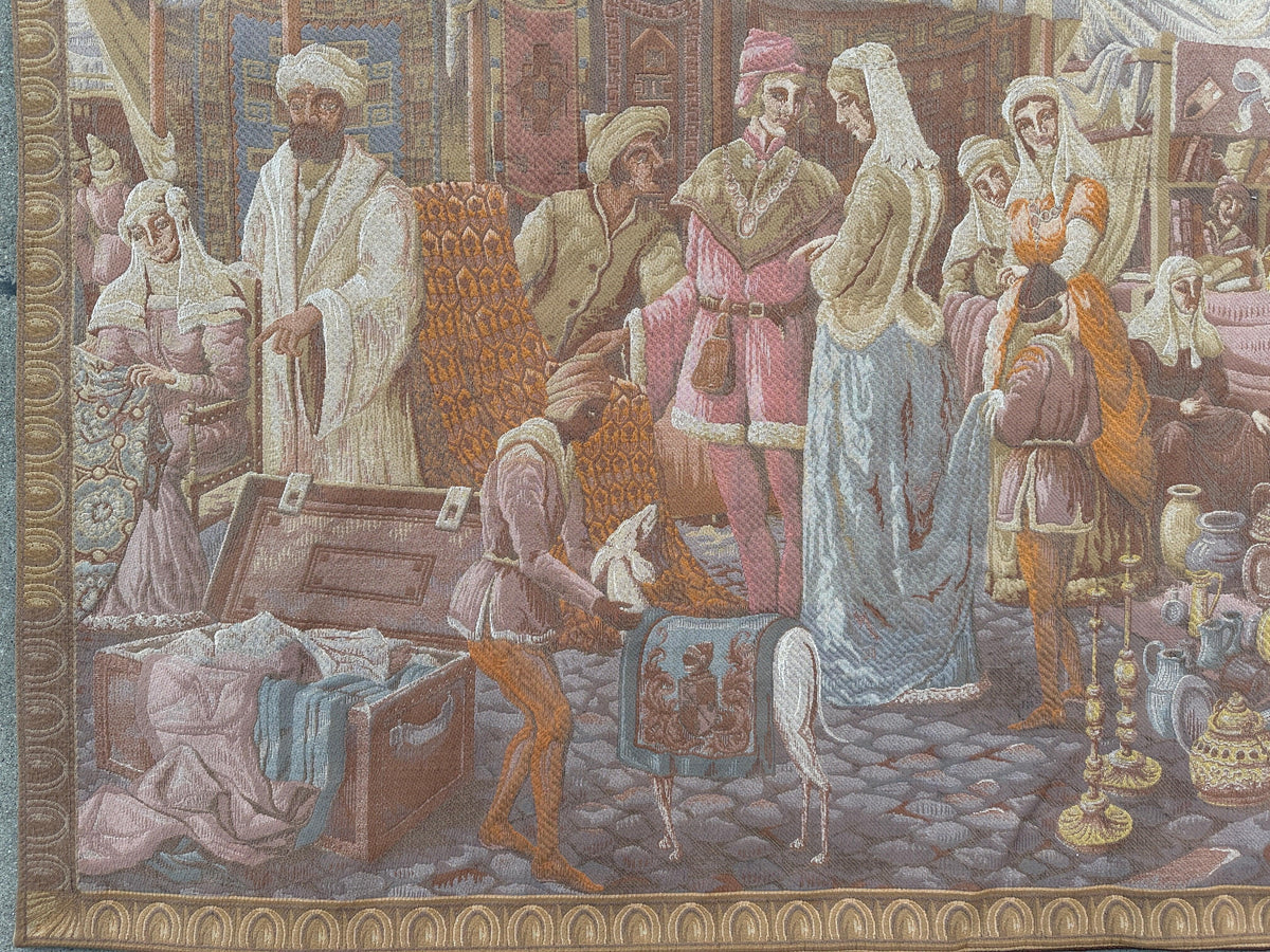 Vintage Belgian Wall Tapestry 4x6 | Medieval Market Scene | Beige, Brown & Light Blue - Rugistan, view 2
