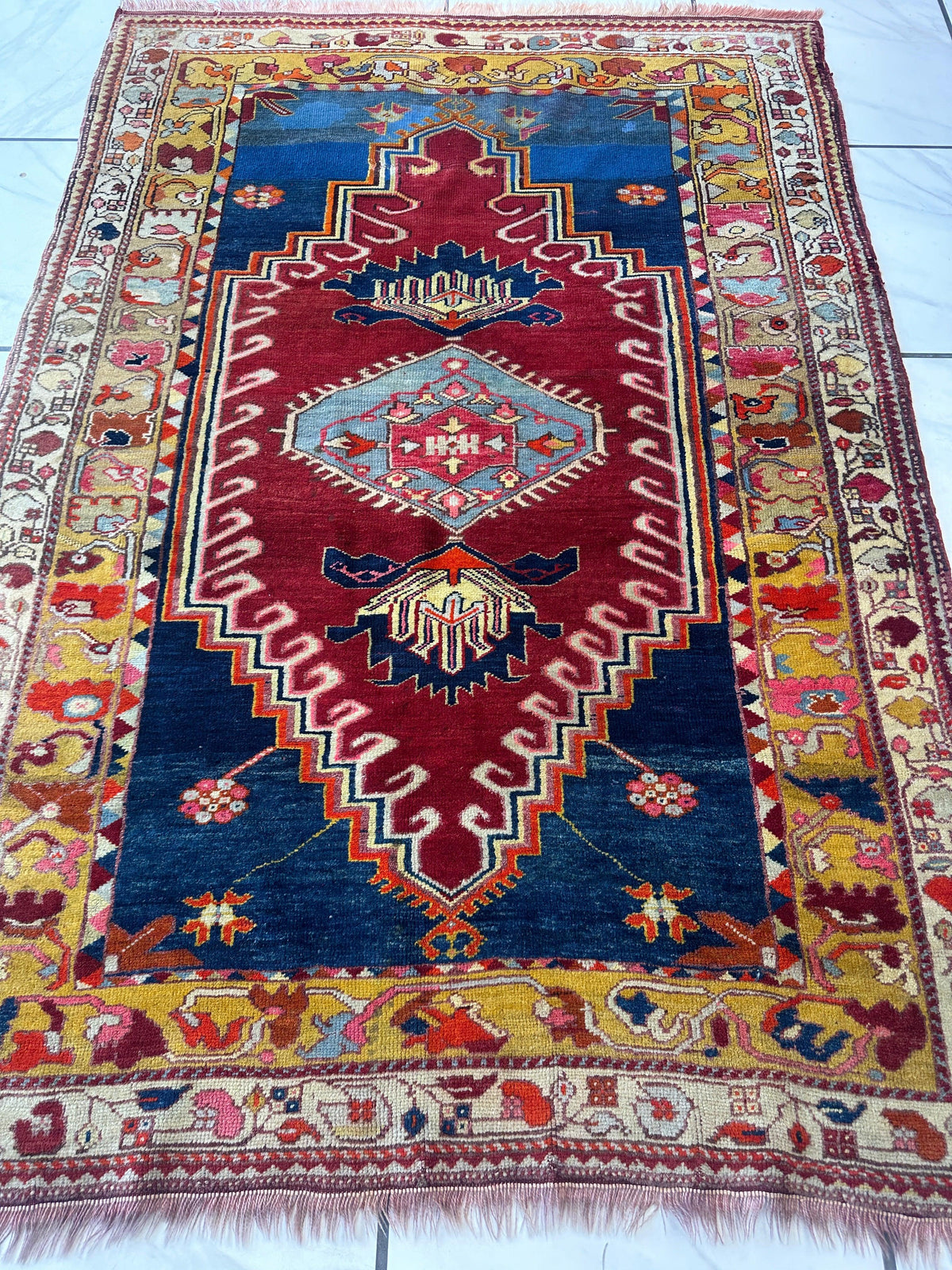 Antique Turkish Rug 4x6 | Red, Blue & Gold | Hand-Knotted Wool - Rugistan, view 4