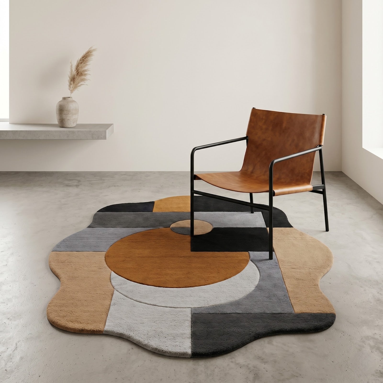 Irregular Geometric Hand Tufted Wool Rug | Modern Abstract Area Rug in Camel, Black, Grey & Ivory — 2x3 ft'