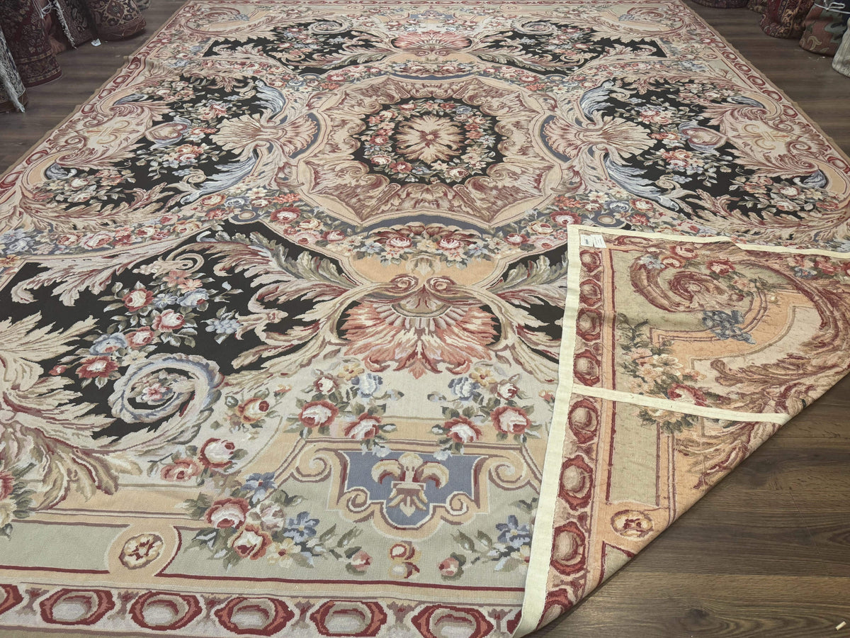 Wonderful Needlepoint Rug 10x14, Large Aubusson Carpet, Floral, Elegant, European Design - Jewel Rugs, view 12