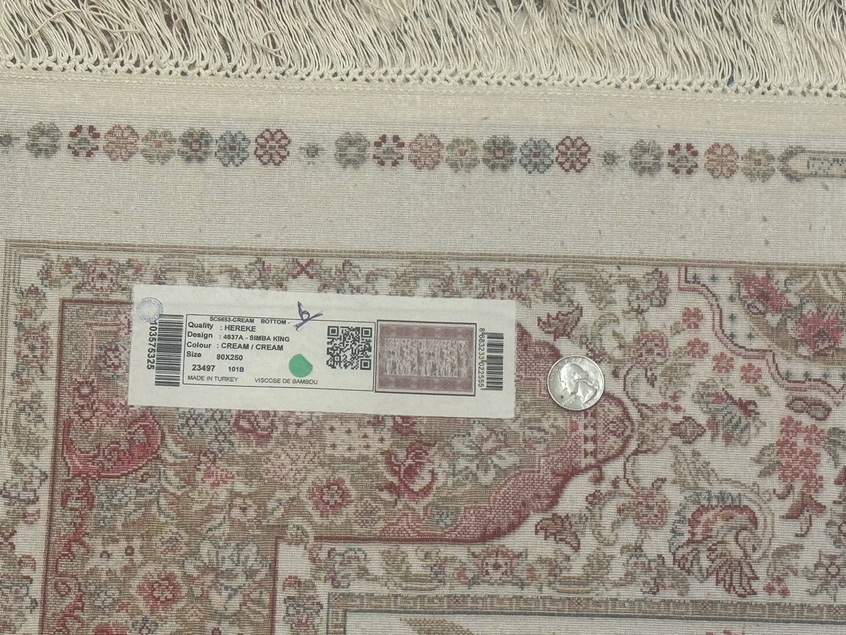 Turkish Silk Runner Rug 2.6 x 8, Hunting Design, Ivory, Bamboo Silk, New - Jewel Rugs, view 11