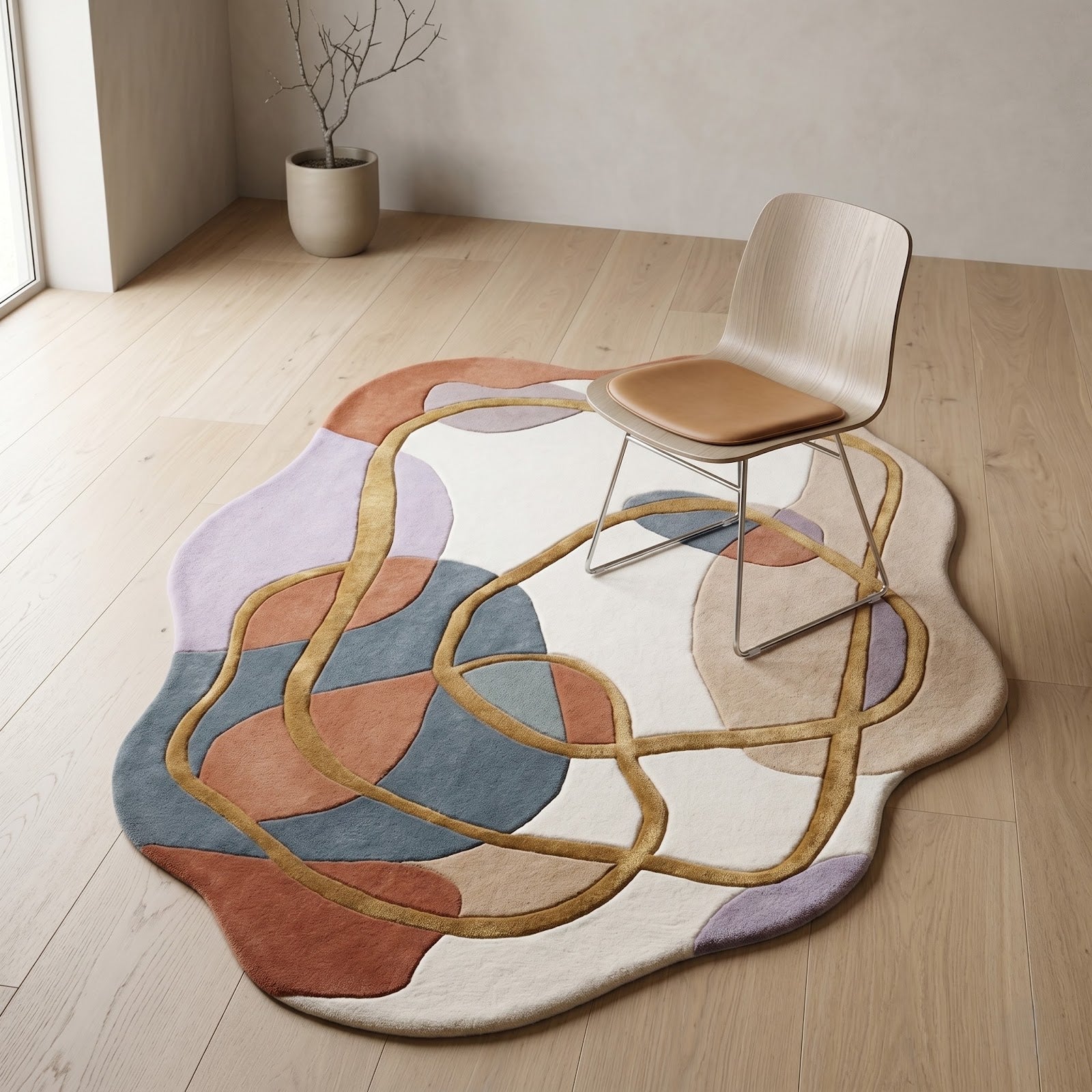 Irregular Abstract Hand Tufted Wool Rug | Modern Organic Shape Area Rug with Gold Line Art — 2x3 ft'