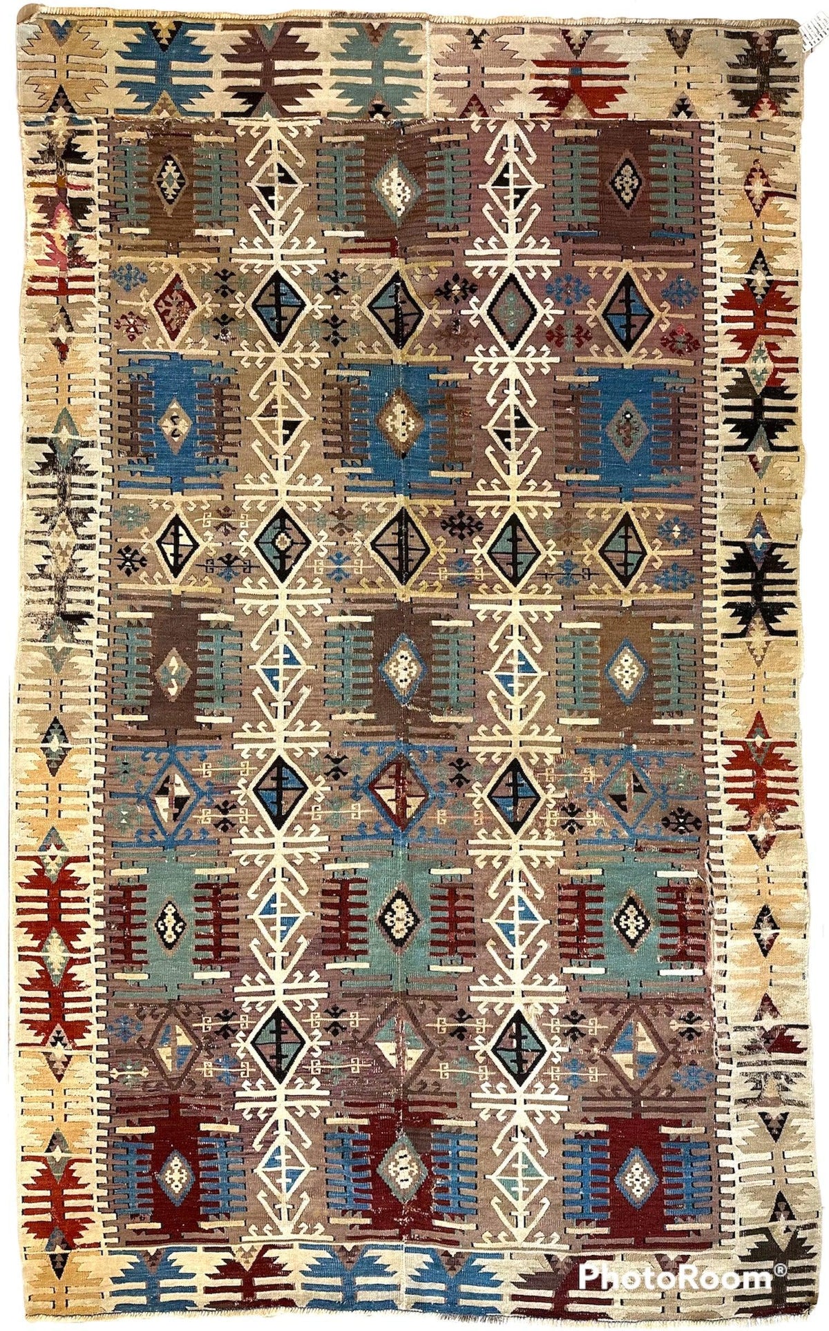 Antique Turkish Kilim Rug 5x8 | Brown, Ivory & Teal | Hand-Woven Wool Flatweave - Rugistan