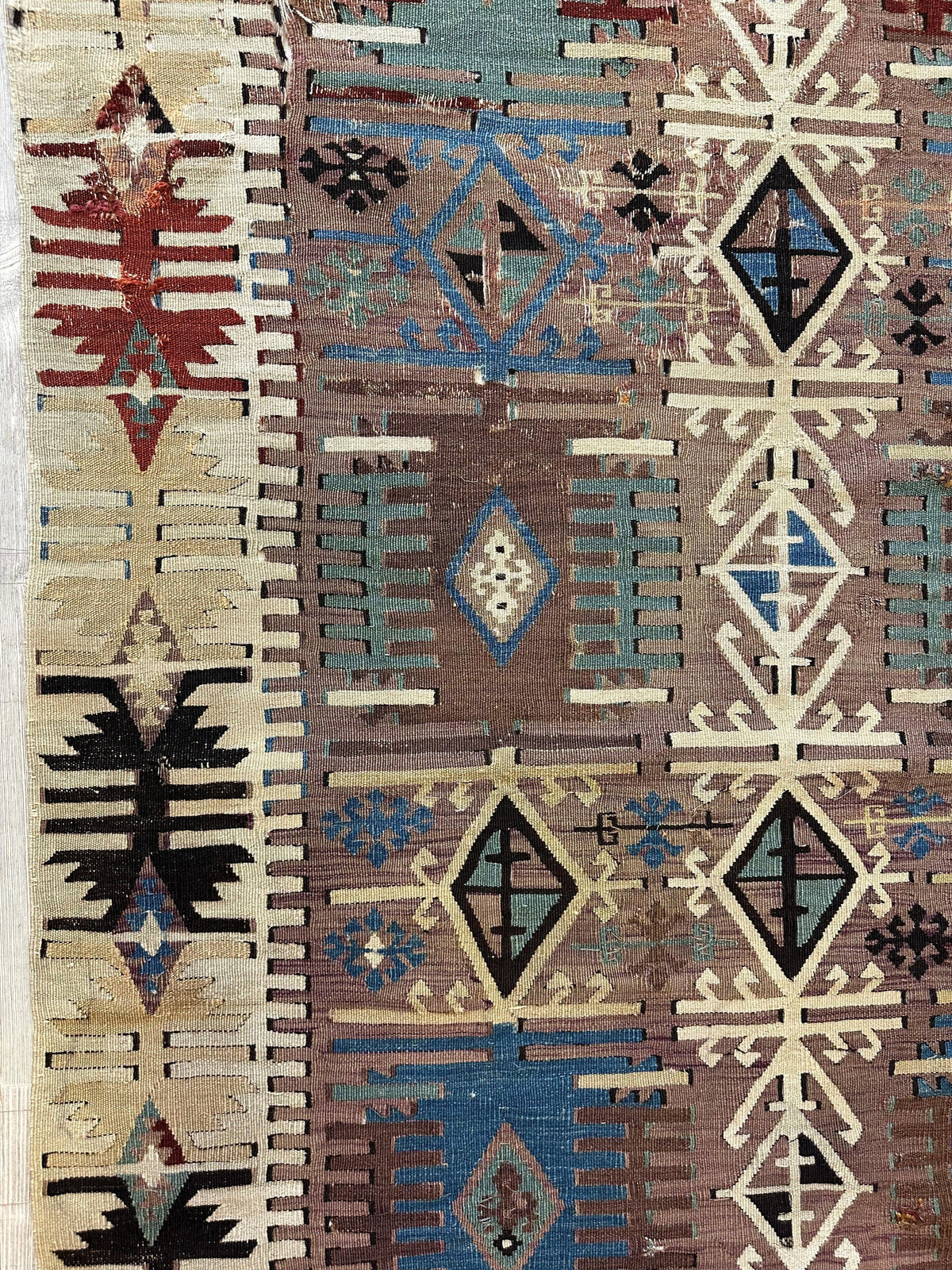 Antique Turkish Kilim Rug 5x8 | Brown, Ivory & Teal | Hand-Woven Wool Flatweave - Rugistan, view 10