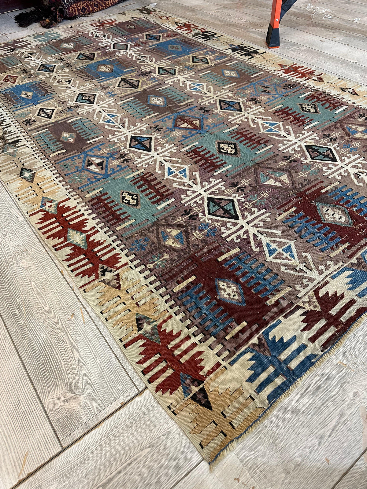 Antique Turkish Kilim Rug 5x8 | Brown, Ivory & Teal | Hand-Woven Wool Flatweave - Rugistan, view 11