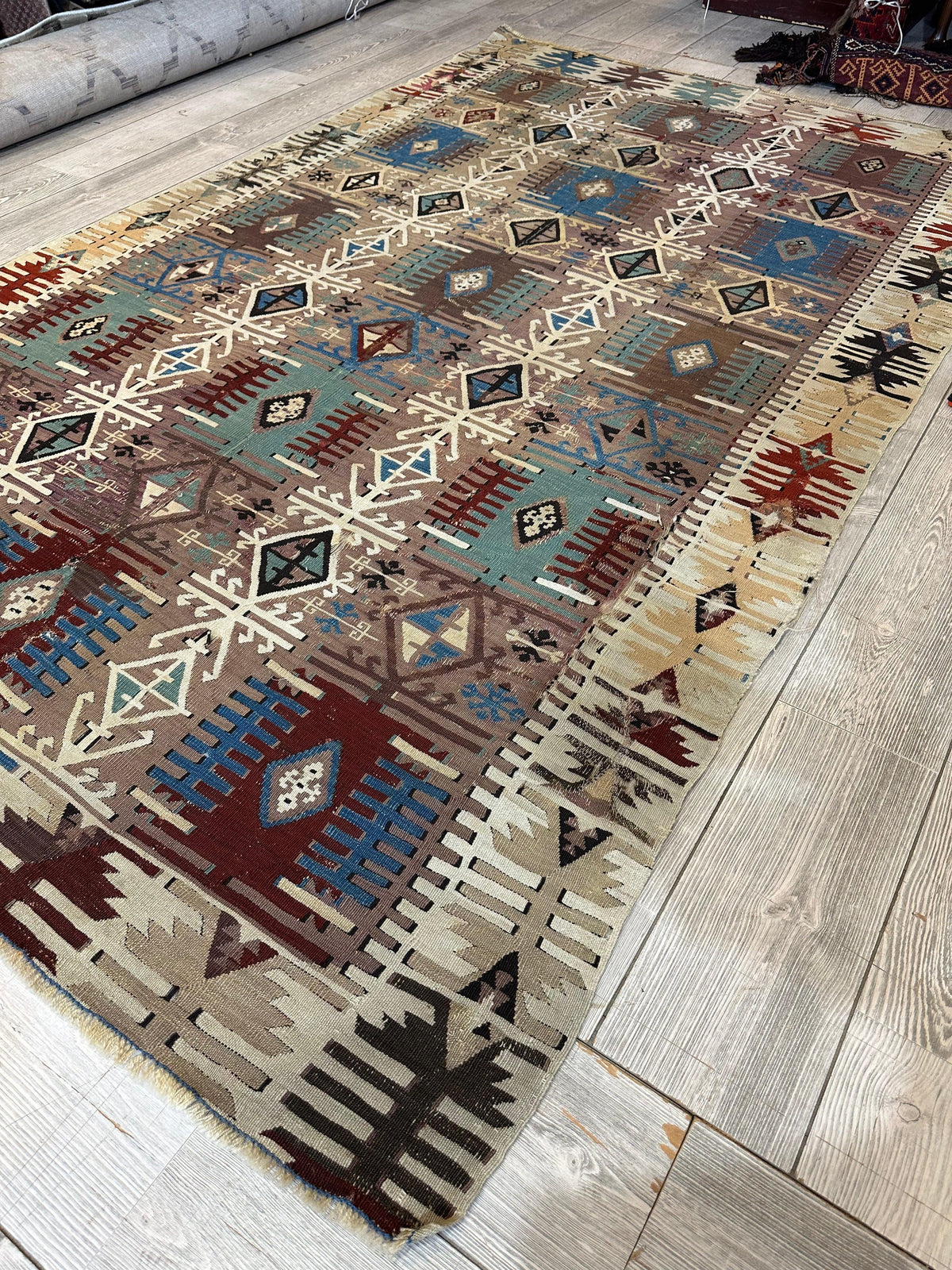 Antique Turkish Kilim Rug 5x8 | Brown, Ivory & Teal | Hand-Woven Wool Flatweave - Rugistan, view 15
