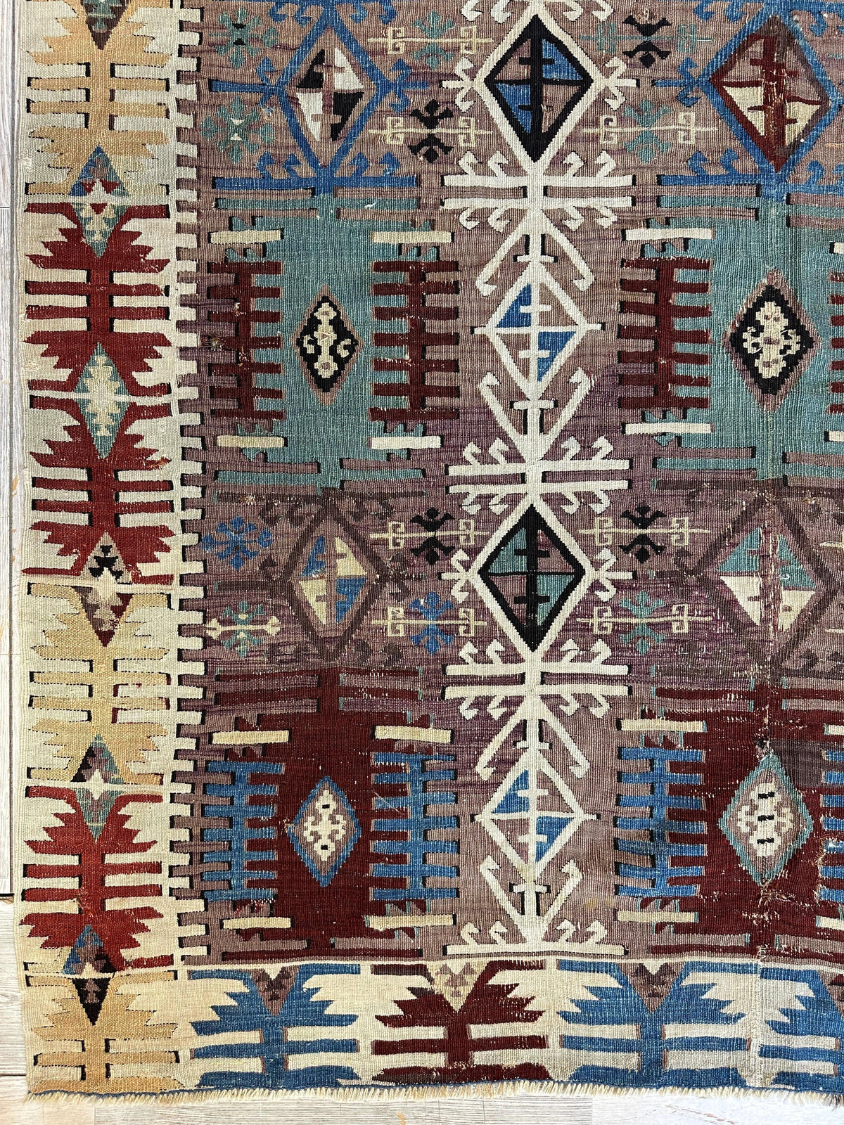 Antique Turkish Kilim Rug 5x8 | Brown, Ivory & Teal | Hand-Woven Wool Flatweave - Rugistan, view 2