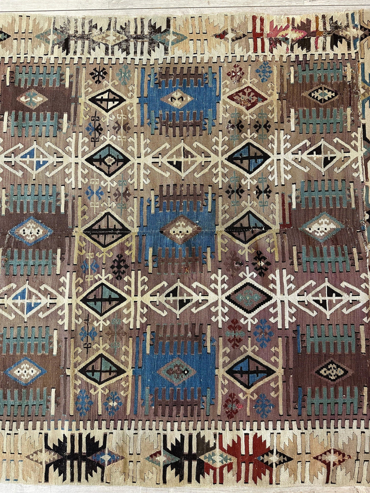 Antique Turkish Kilim Rug 5x8 | Brown, Ivory & Teal | Hand-Woven Wool Flatweave - Rugistan, view 9