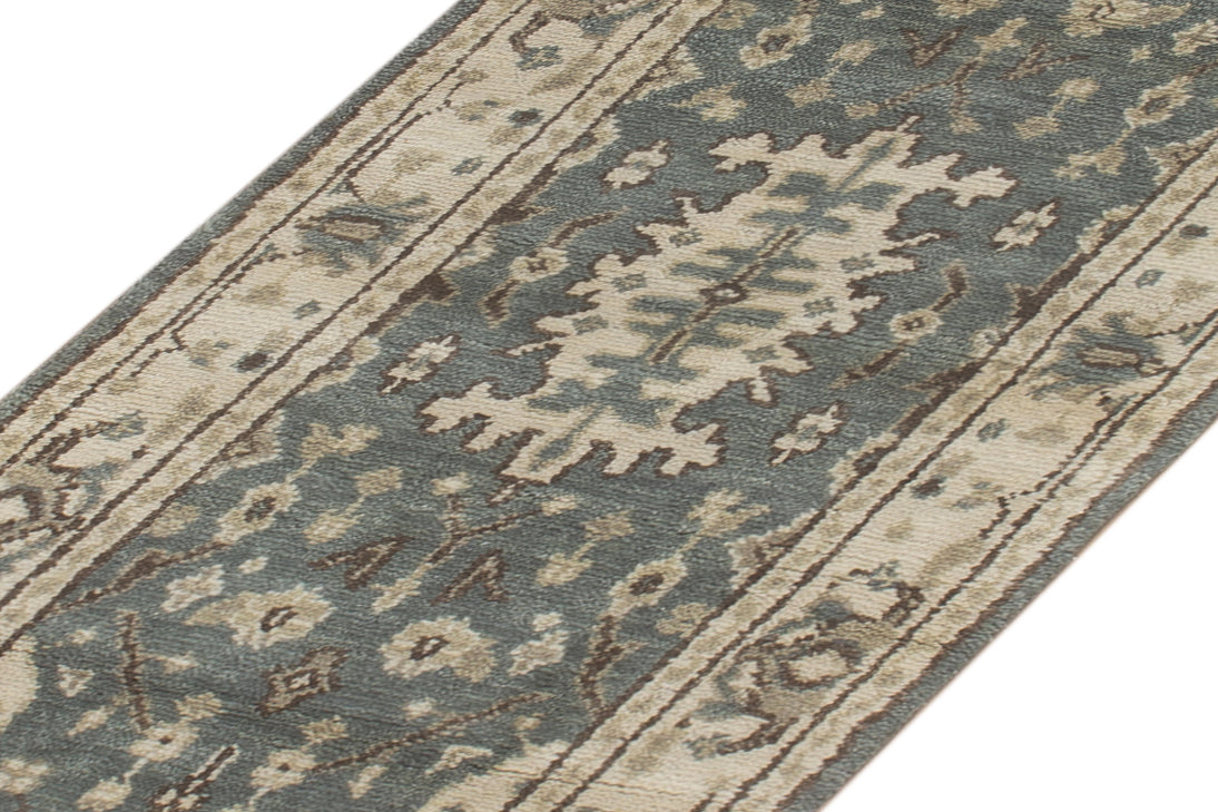 Vintage Oushak Hand Knotted New Zealand Wool Runner Rug | Blue & Ivory Traditional Floral Runner — 2x3 ft'