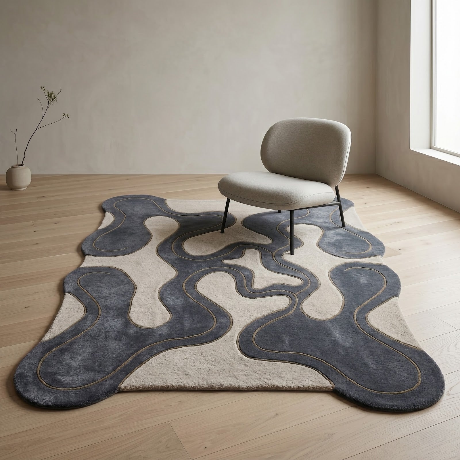 Organic Flow Hand Tufted Wool Rug | Slate Blue & Ivory Biomorphic Irregular Area Rug — 2x3 ft'