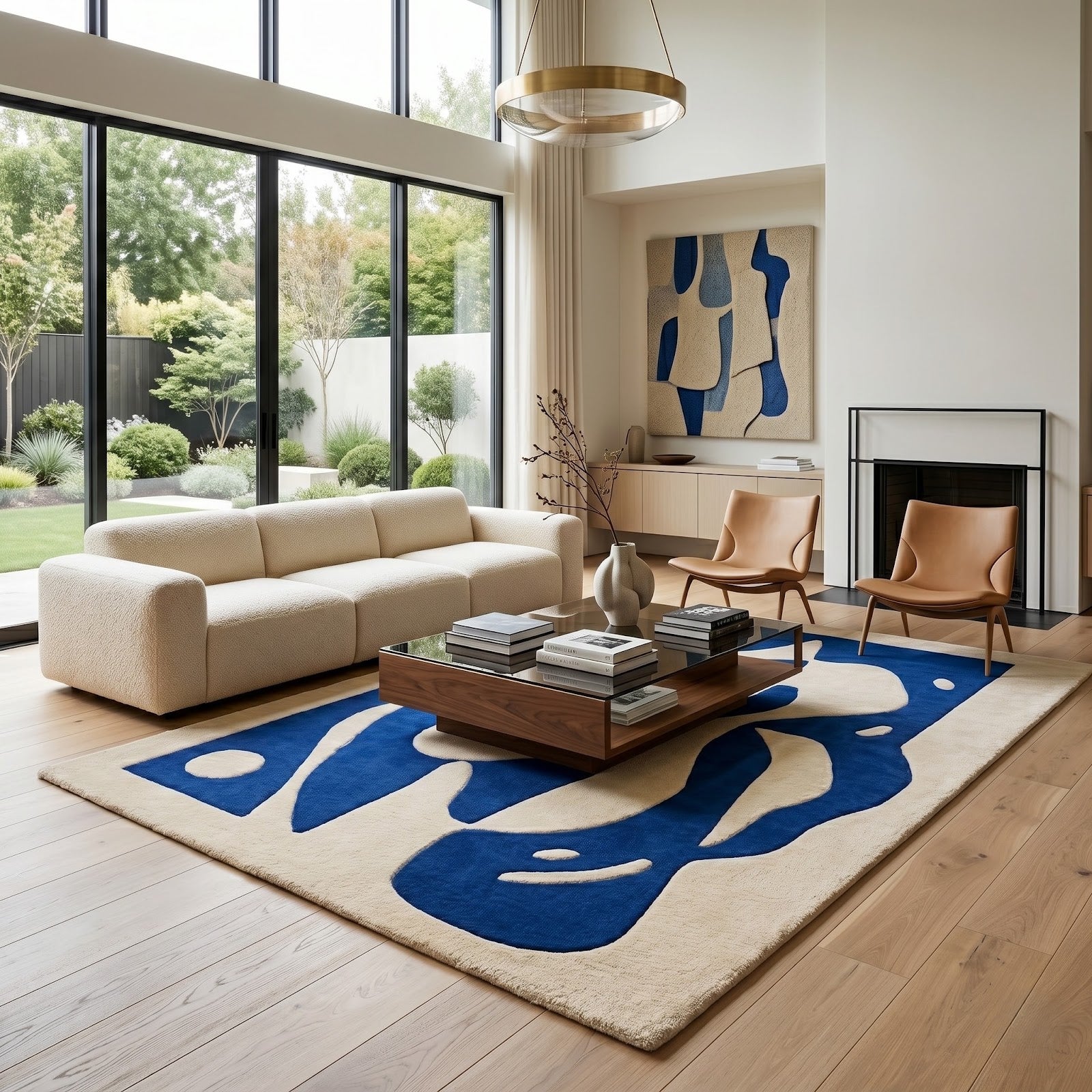 Botanical Silhouette Hand Tufted Wool Rug | Cobalt Blue & Ivory Abstract Floral Area Rug — 2x3 ft'