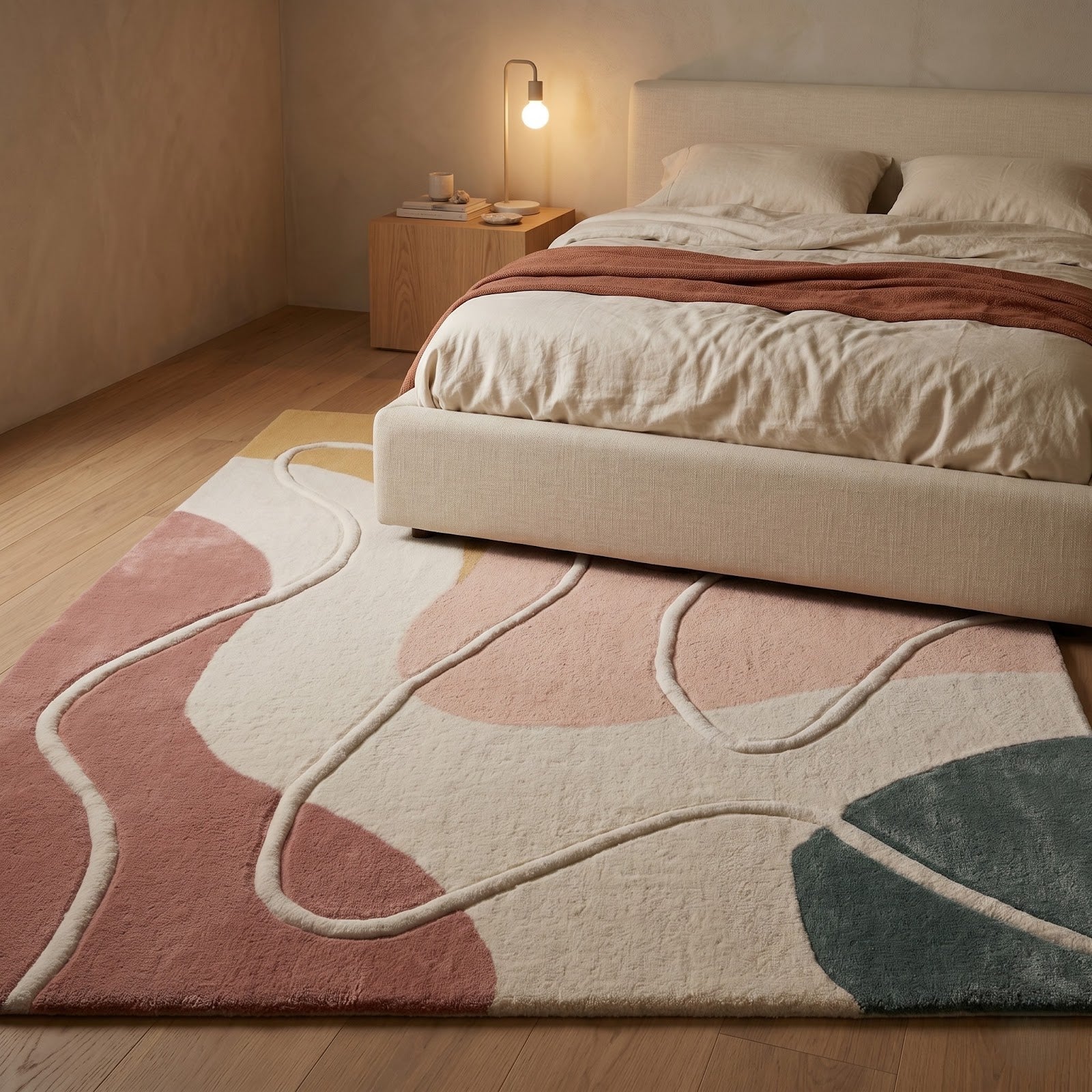 Modern Abstract Hand Tufted Wool Rug | Blush Pink Organic Line Art Area Rug — 2x3 ft'