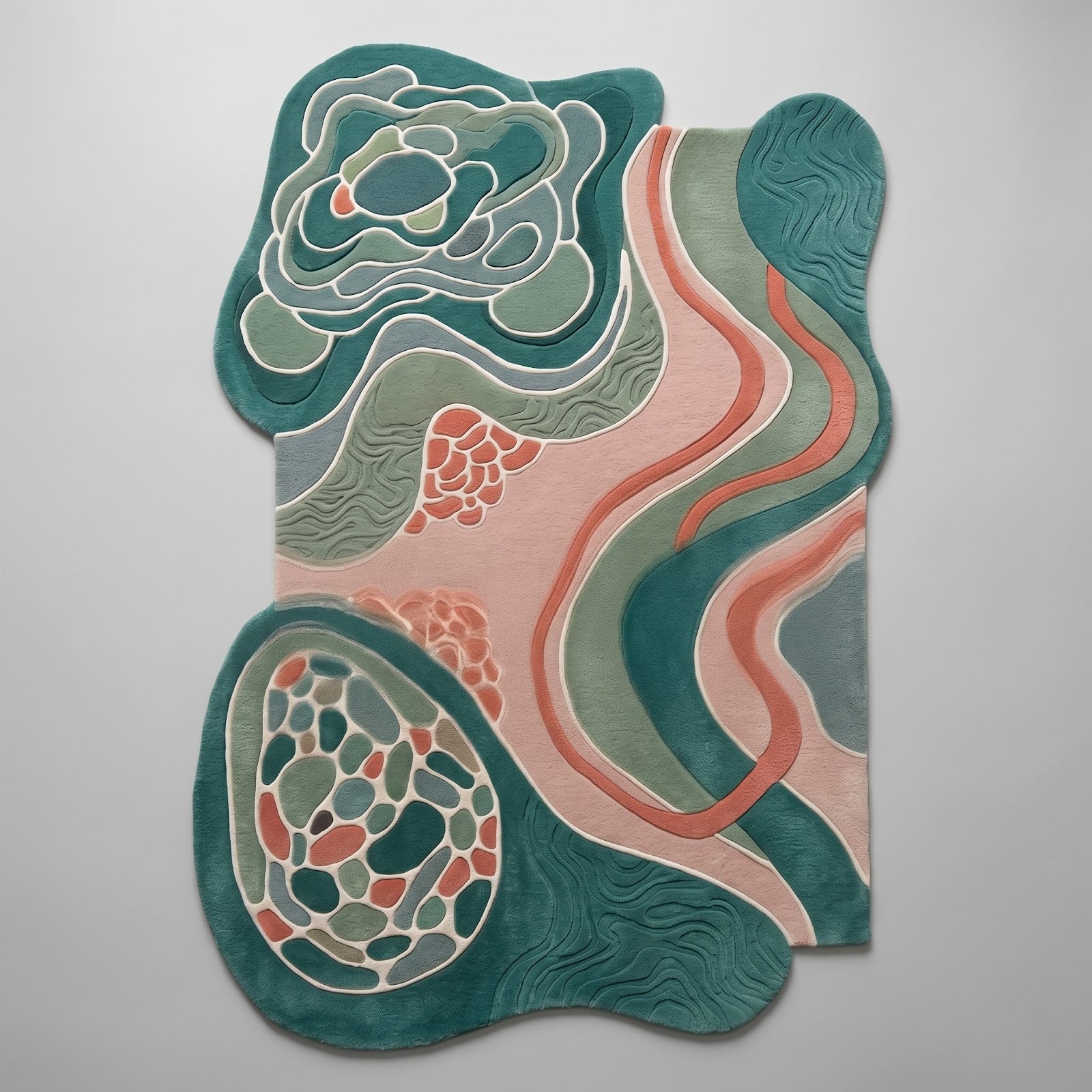 Abstract Botanical Hand Tufted Wool Rug | Irregular Organic Area Rug in Teal, Sage & Blush Pink — 2x3 ft'
