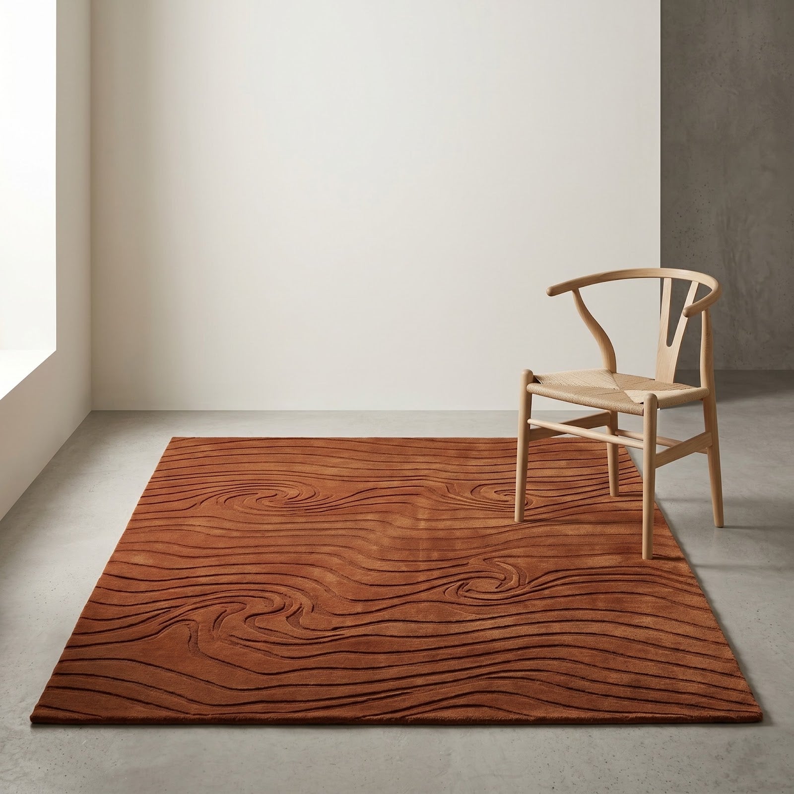 Organic Woodgrain Wave Hand Tufted Wool Rug | Terracotta Brown Sculpted Abstract Area Rug — 2x3 ft'