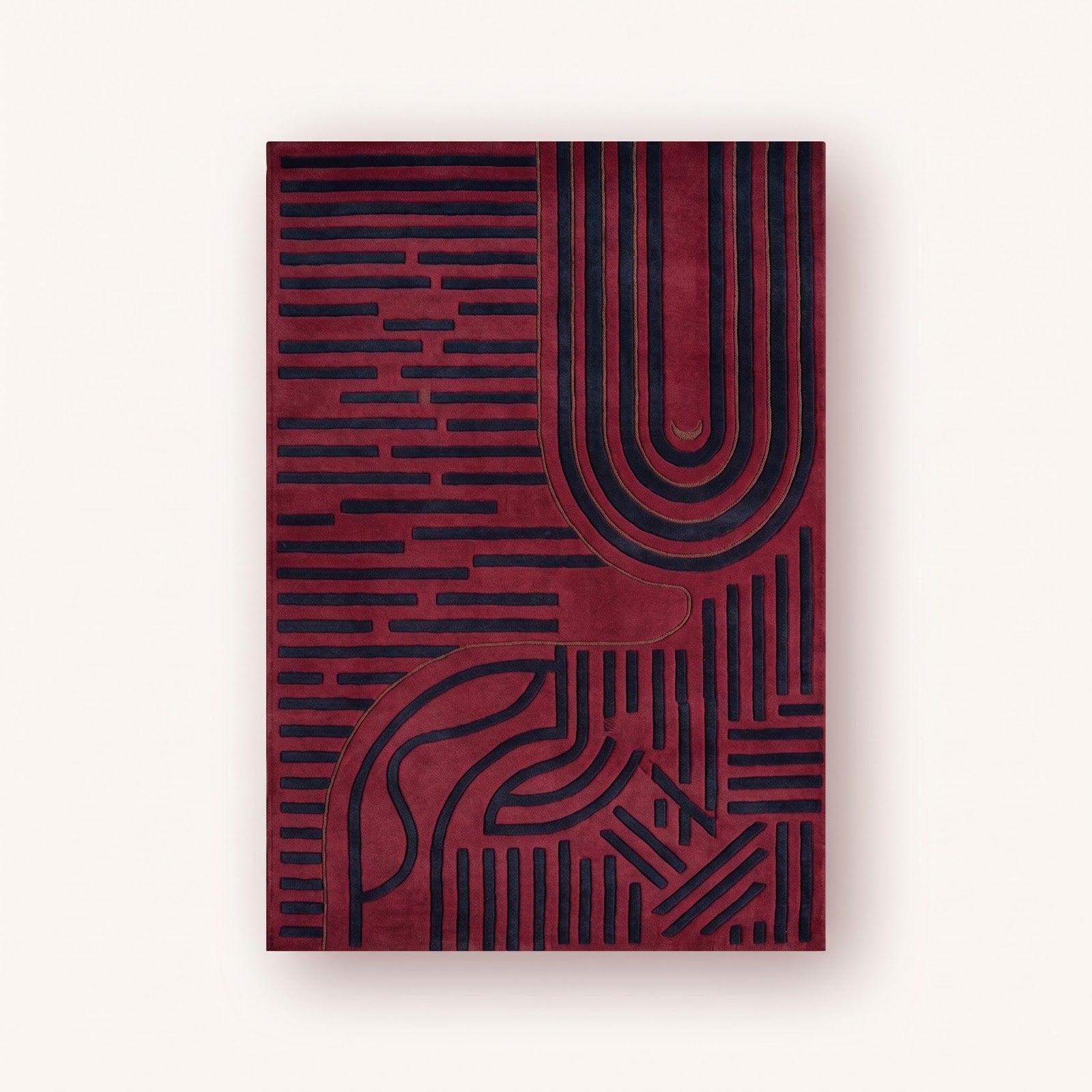 Burgundy Geometric Hand Tufted Wool Rug | Modern Art Deco Area Rug in Wine Red & Navy Blue — 2x3 ft'