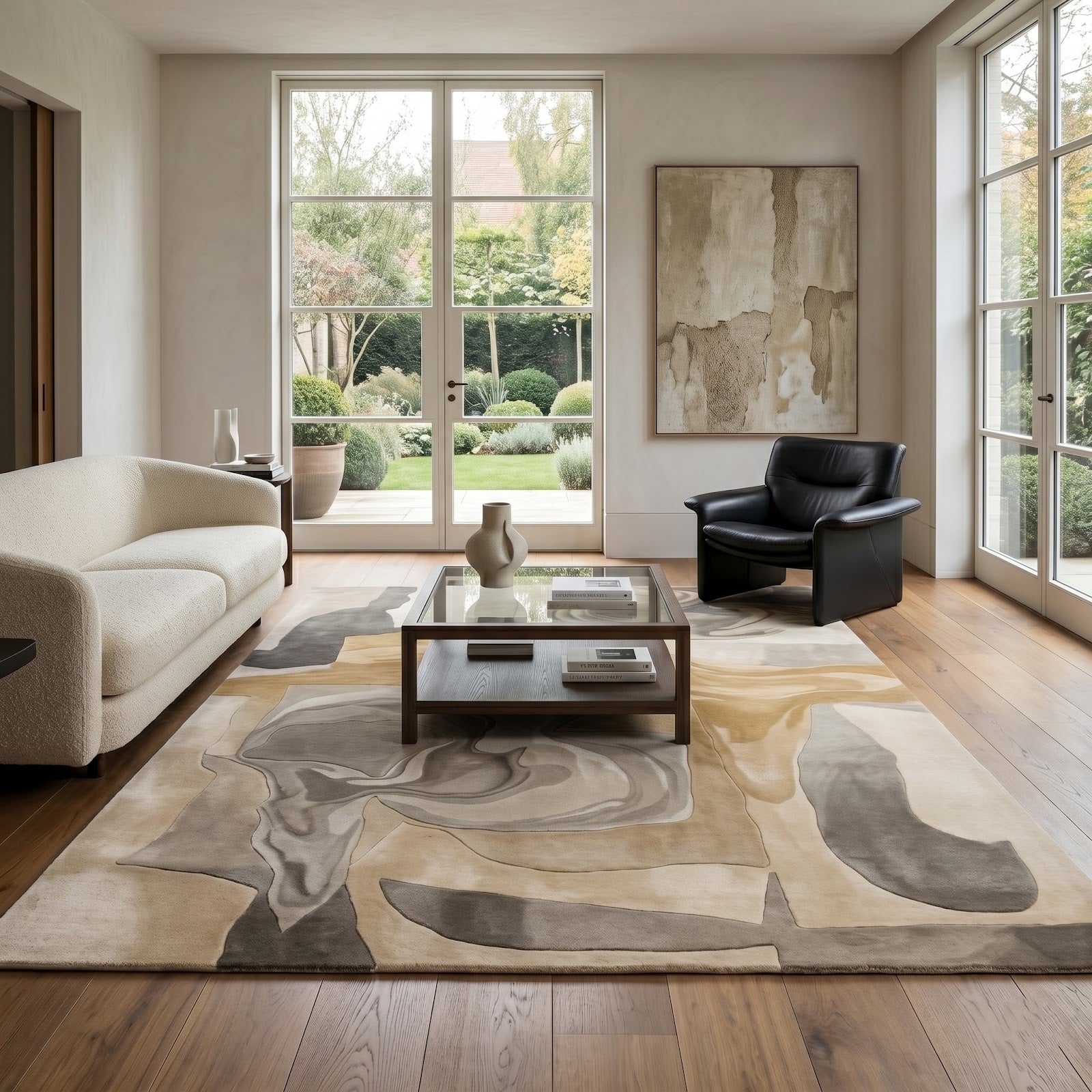 Modern Abstract Marble Hand Tufted Wool Rug | Neutral Swirl Art Area Rug — 2x3 ft'