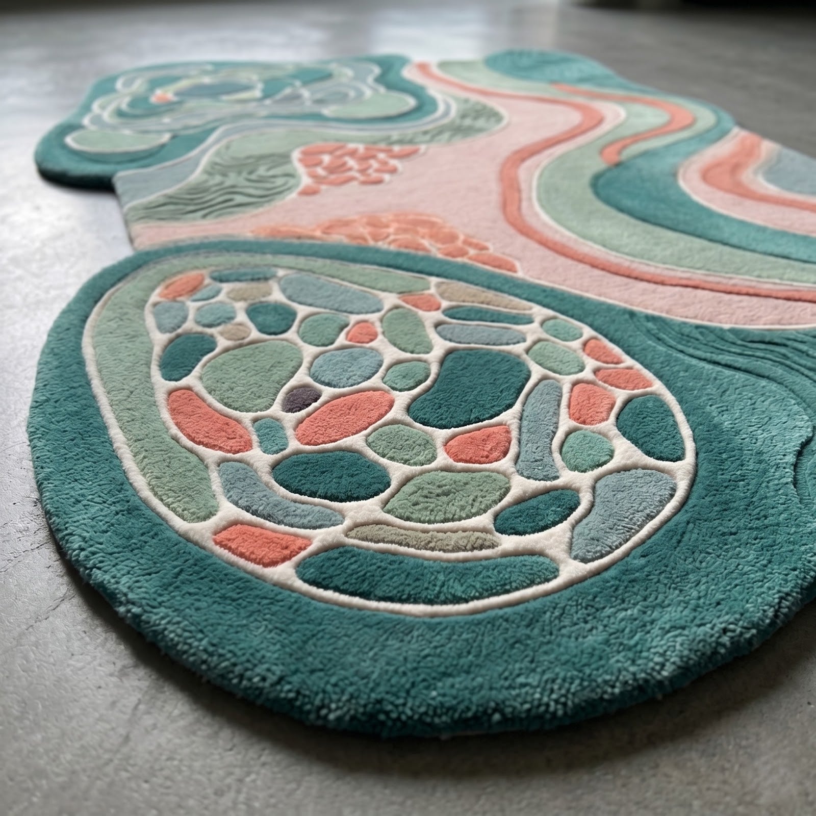 Abstract Botanical Hand Tufted Wool Rug | Irregular Organic Area Rug in Teal, Sage & Blush Pink — 2x3 ft'