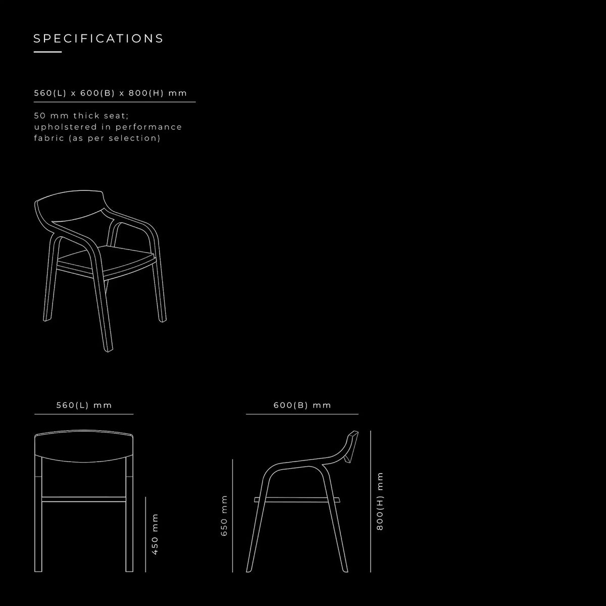Flow Chair by BEC Furniture — dimensioned specification drawing