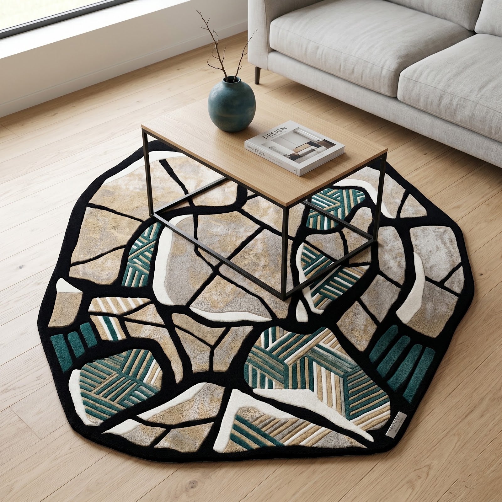 Irregular Mosaic Hand Tufted Wool Rug | Abstract Stone Pattern Green & Beige Contemporary Area Rug — 2x3 ft'