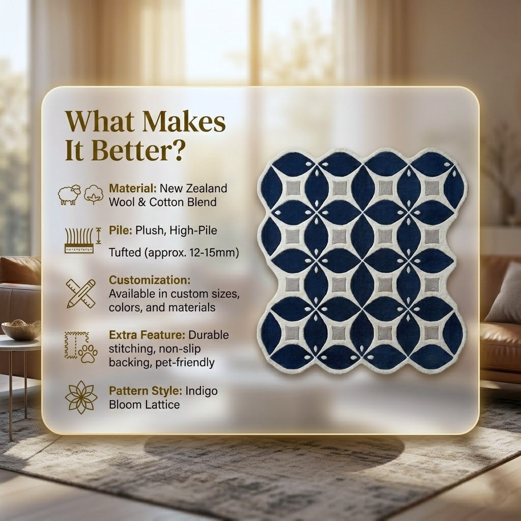 Navy Blue Geometric Hand Tufted Wool Rug | Irregular Trellis Area Rug — 2x3 ft'