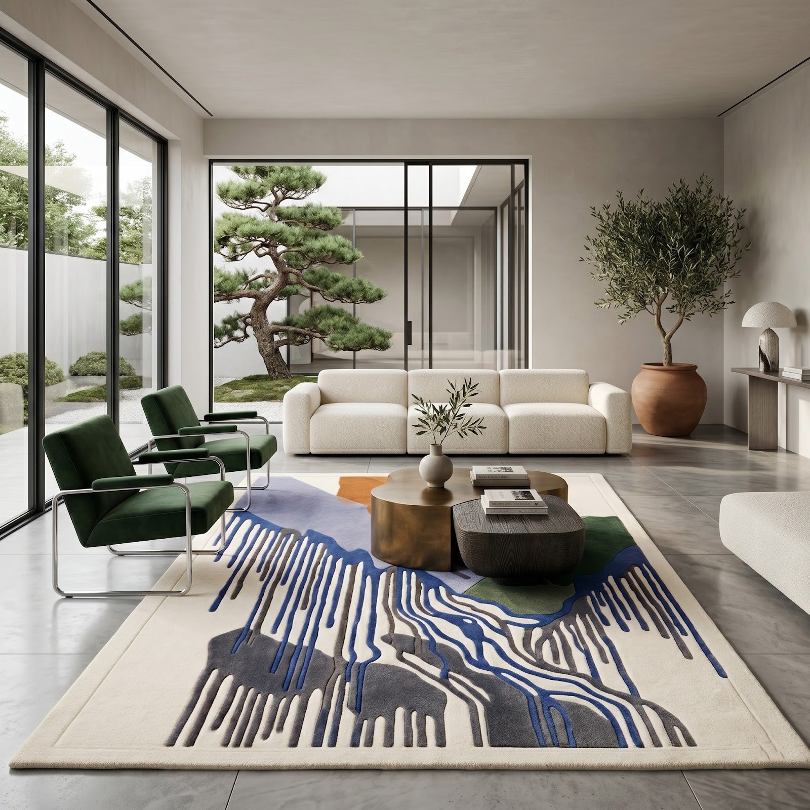 Abstract Mountain Landscape Hand Tufted Wool Rug | Modern Waterfall Art Area Rug in Blue, Green & Rust — 2x3 ft'