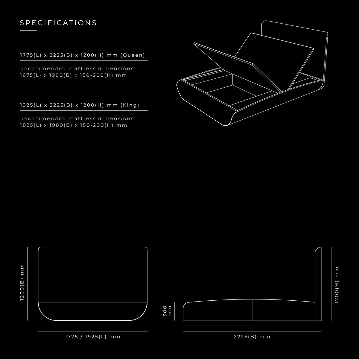 Wave Bed by BEC Furniture — dimensioned specification drawing