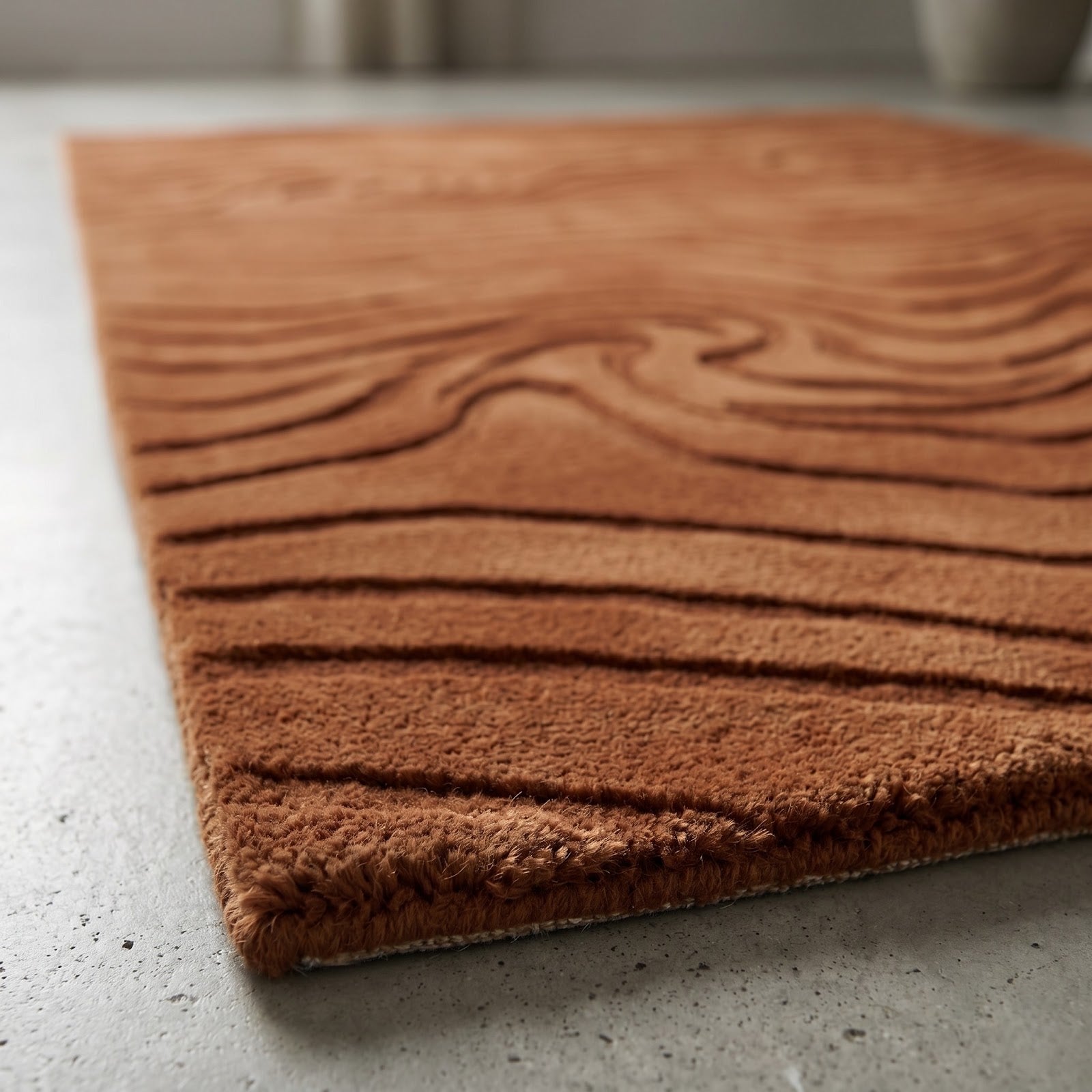 Organic Woodgrain Wave Hand Tufted Wool Rug | Terracotta Brown Sculpted Abstract Area Rug — 2x3 ft'