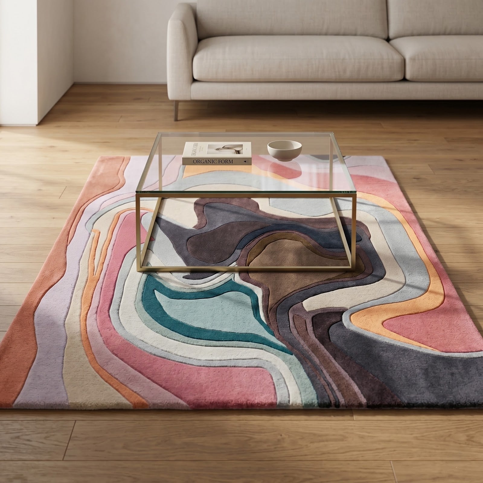 Fluid Abstract Hand Tufted Wool Rug | Blush Pink, Sage Blue & Mocha Contemporary Art Area Rug — 2x3 ft'