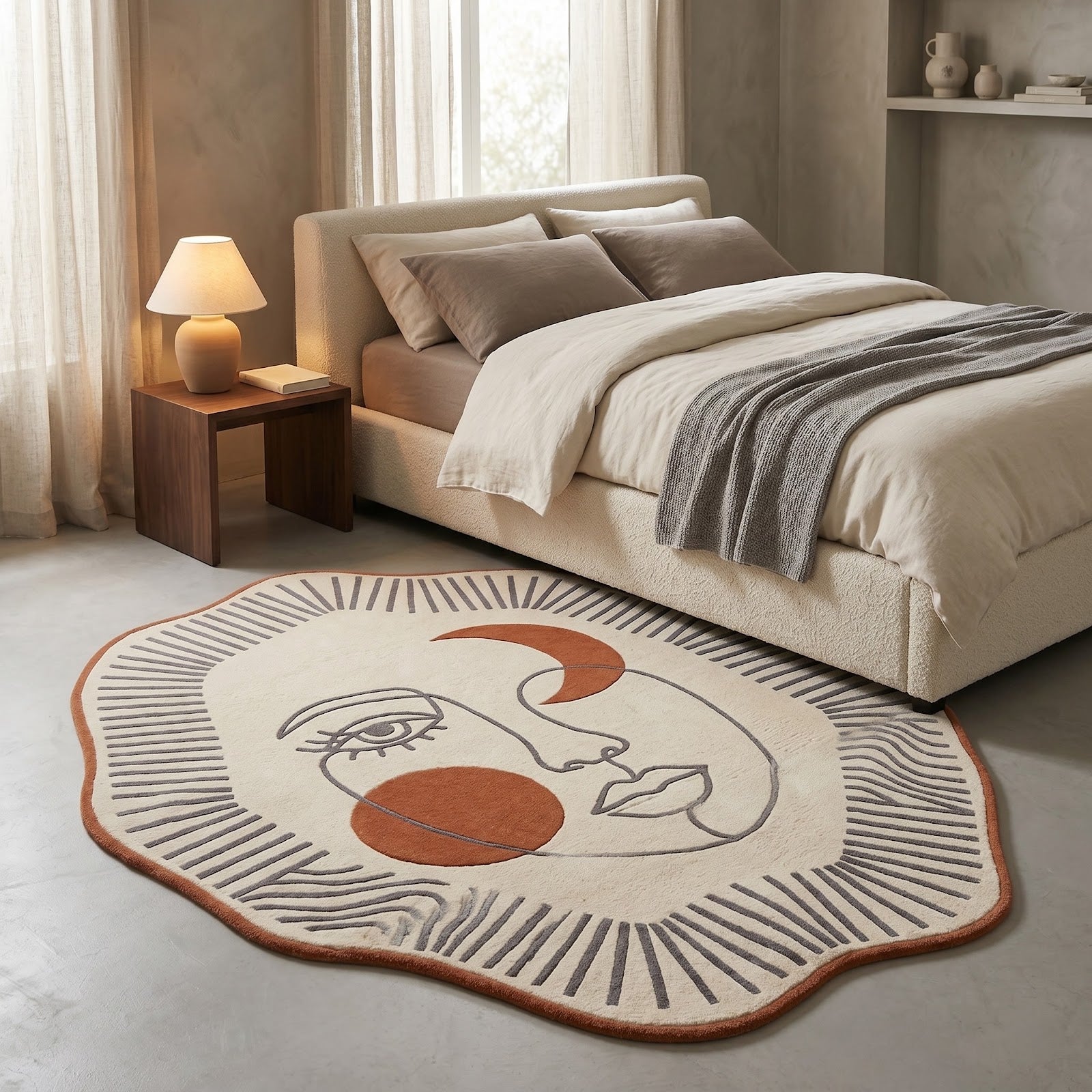 Celestial Face Hand Tufted Wool Rug | Ivory & Terracotta Abstract Art Irregular Shape Area Rug — 2x3 ft'