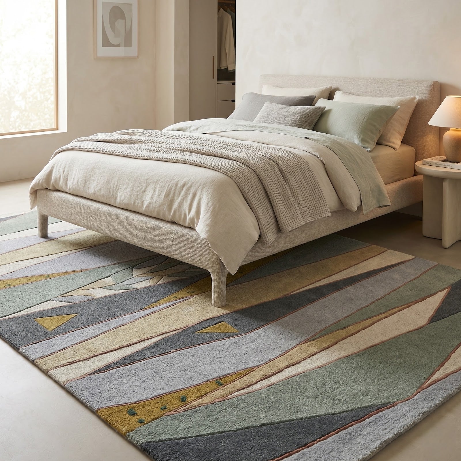 Modern Geometric Hand Tufted Wool Rug | Sage Green & Grey Abstract Contemporary Area Rug — 2x3 ft'