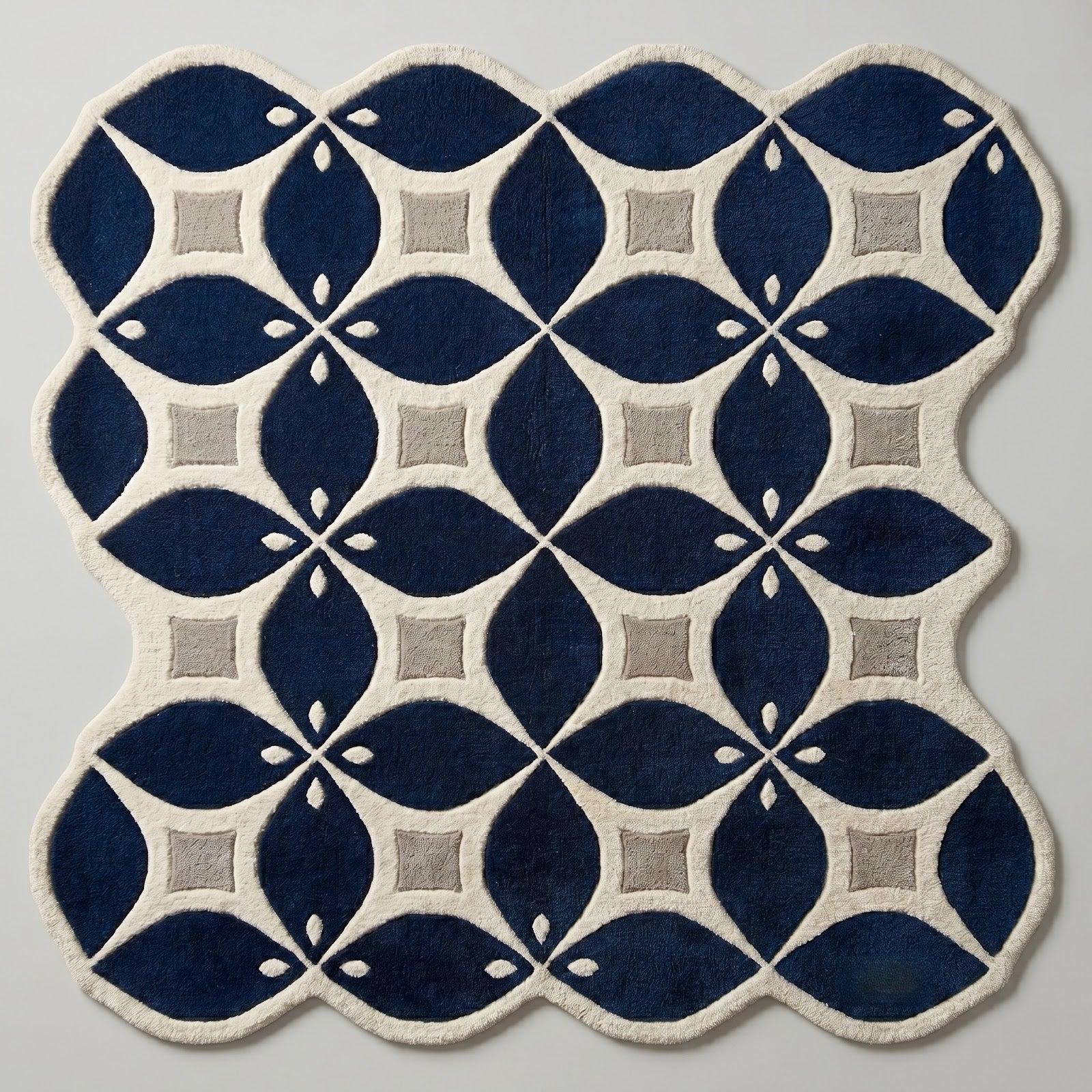 Navy Blue Geometric Hand Tufted Wool Rug | Irregular Trellis Area Rug — 2x3 ft'
