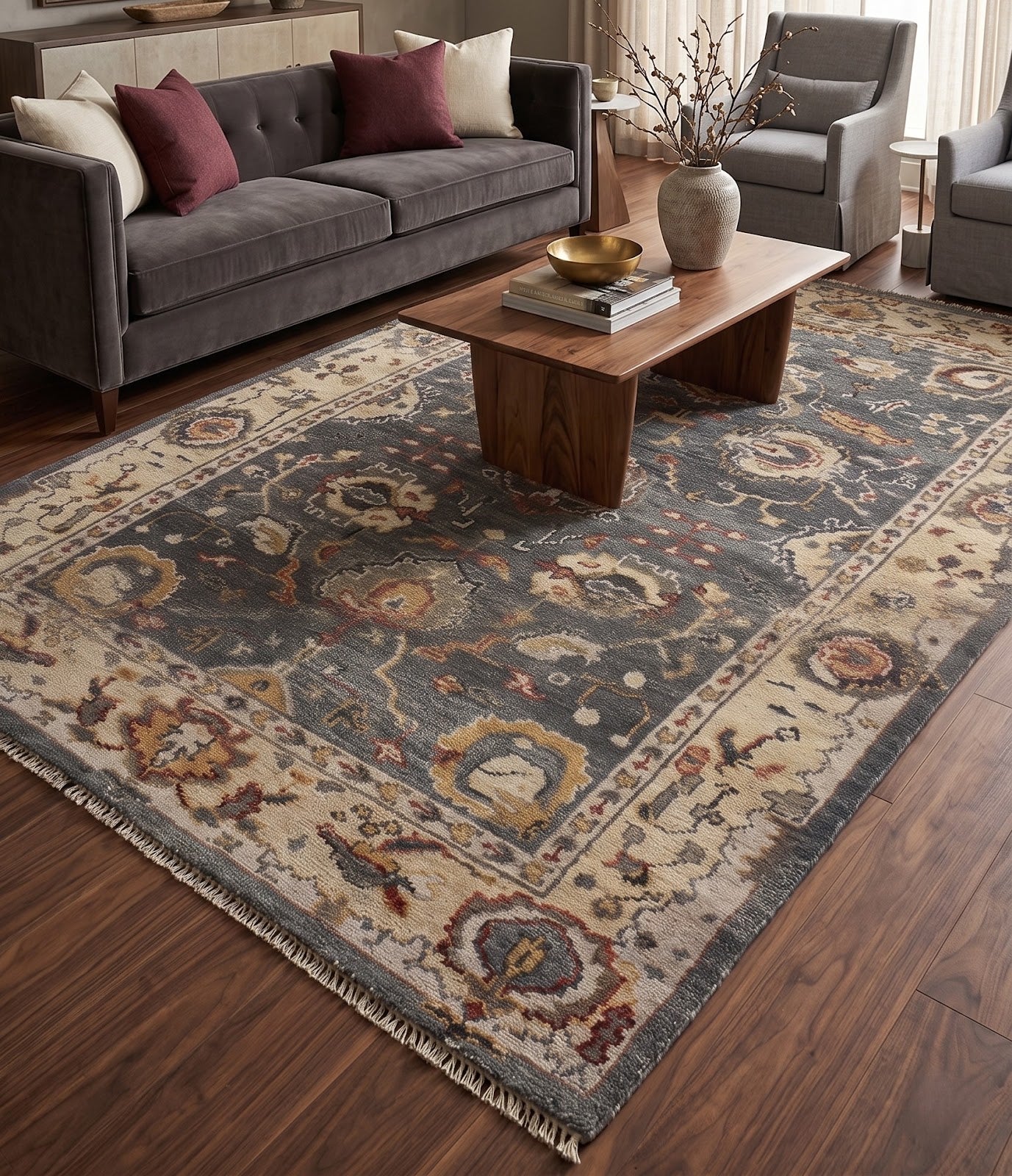 Vintage Persian Hand Knotted New Zealand Wool Rug | Charcoal Grey & Ivory Floral Area Rug — 2x3 ft'