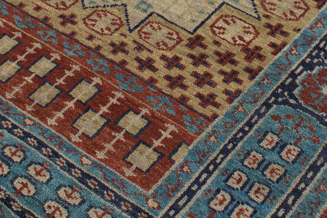 Traditional Kazak Hand Knotted New Zealand Wool Rug | Blue & Rust Geometric Medallion Area Rug — 2x3 ft'