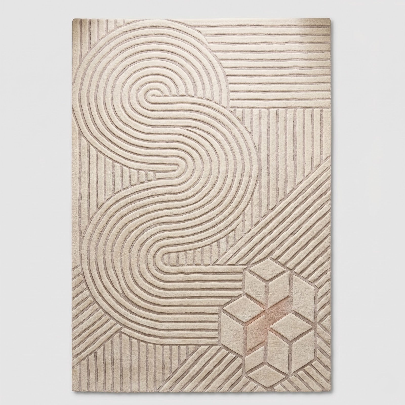 Modern Geometric Hand Tufted Wool Rug | Ivory Minimalist Abstract Line Art Area Rug — 2x3 ft'
