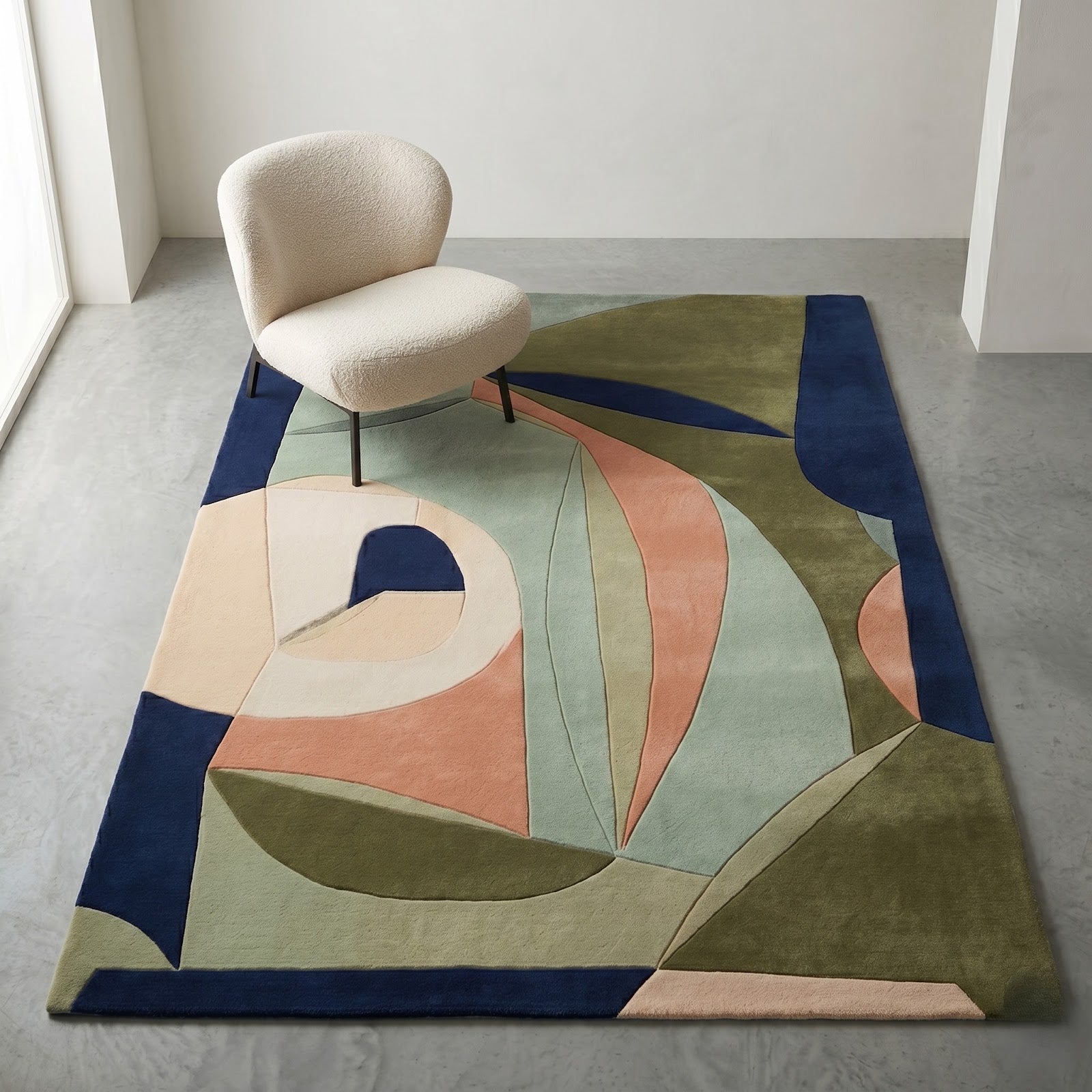 Modern Abstract Cubist Hand Tufted Wool Rug | Sage Green, Olive & Navy Geometric Art Area Rug — 2x3 ft'