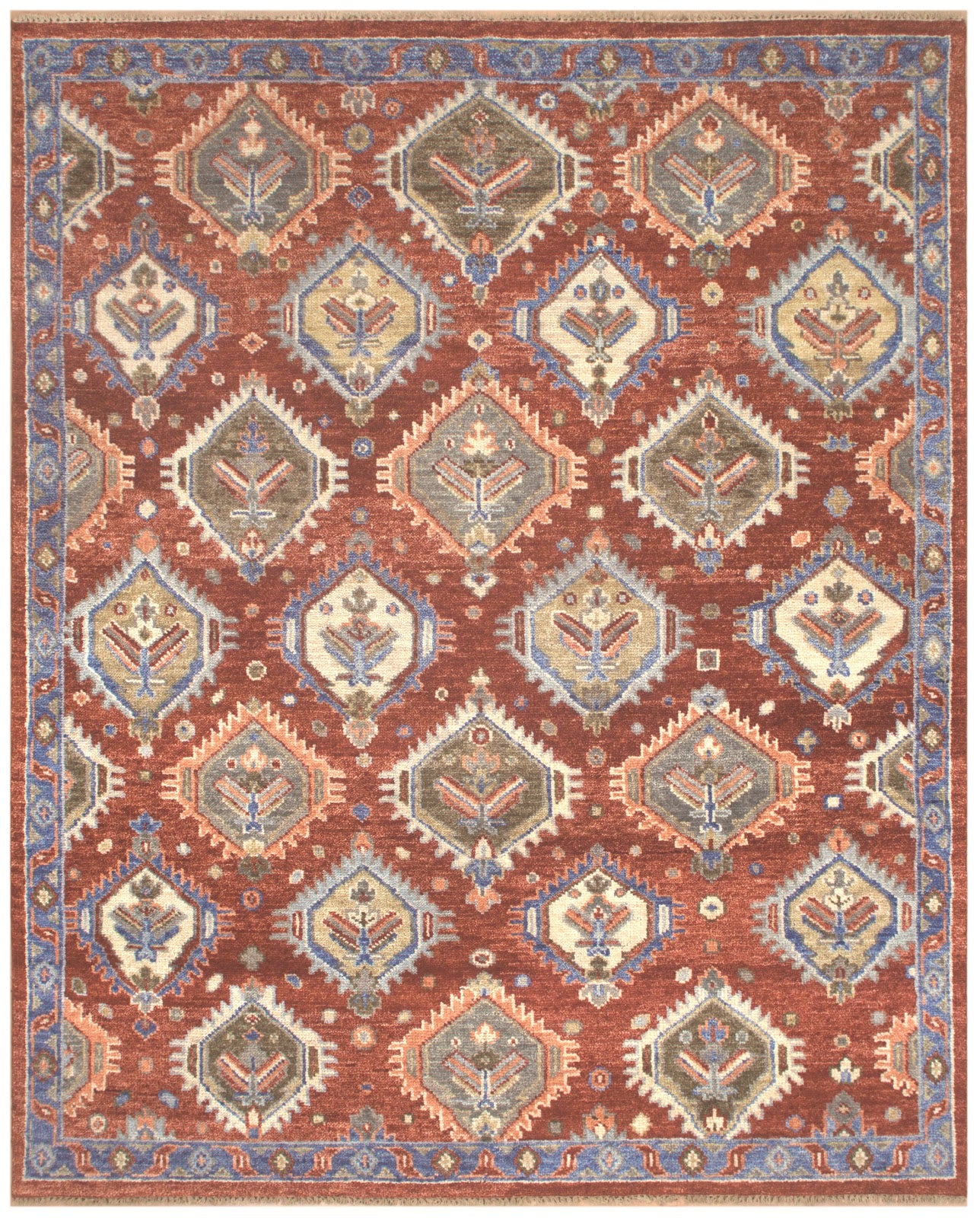 Traditional Tribal Hand Knotted New Zealand Wool Rug | Rust & Blue Geometric Diamond Area Rug — 2x3 ft'