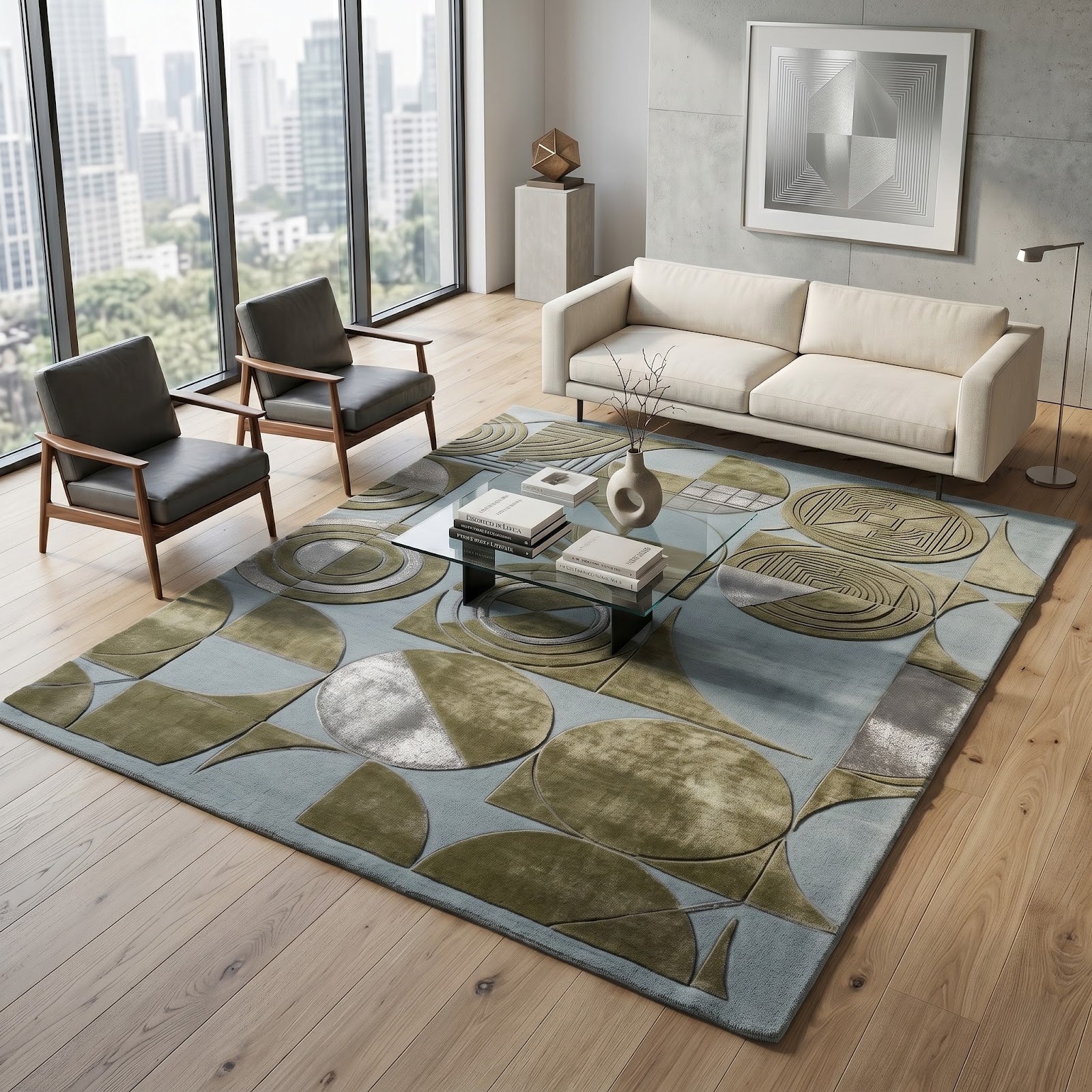 Modern Geometric Circles Hand Tufted Wool Rug | Sage Green & Mist Blue Abstract Area Rug — 2x3 ft'
