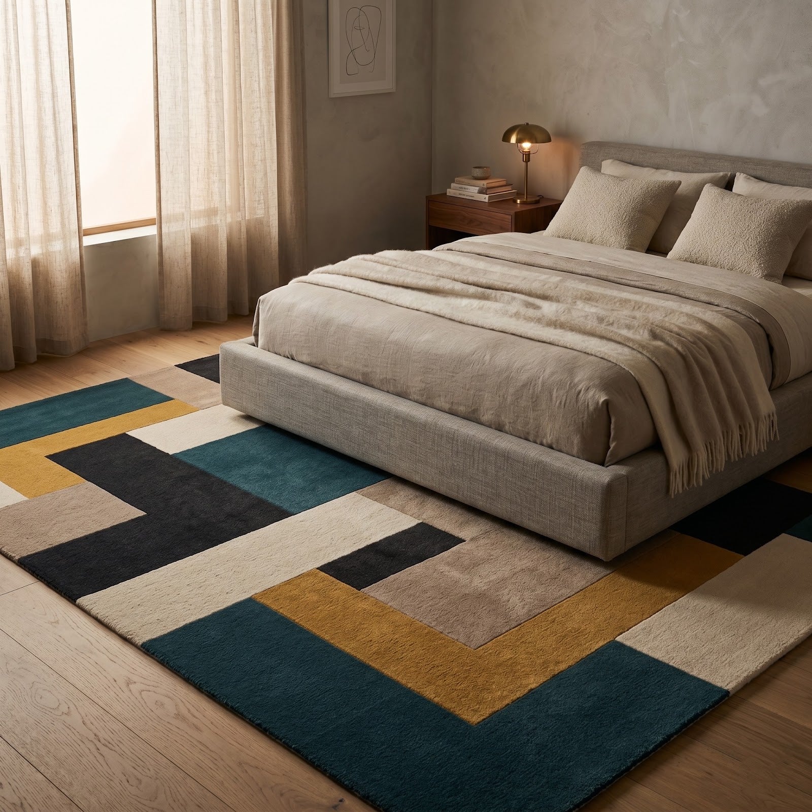 Modern Geometric Hand Tufted Wool Rug | Teal Mustard Abstract Area Rug — 2x3 ft'