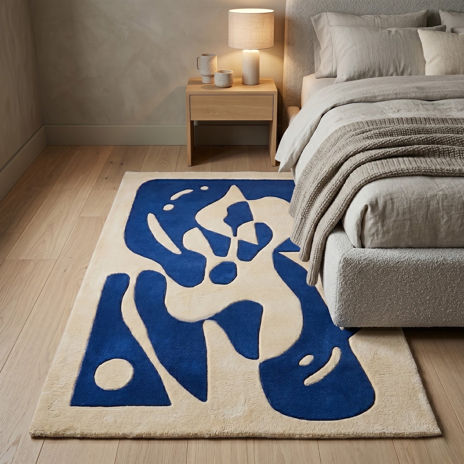 Botanical Silhouette Hand Tufted Wool Rug | Cobalt Blue & Ivory Abstract Floral Area Rug — 2x3 ft'