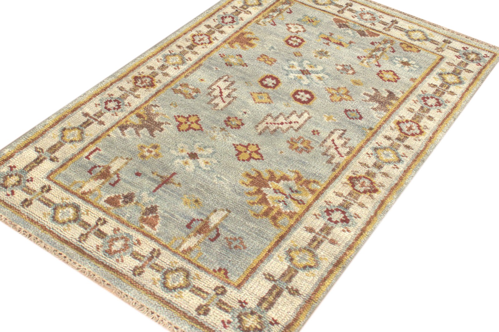 Vintage Oushak Hand Knotted New Zealand Wool Rug | Light Blue & Ivory Turkish Floral Area Rug — 2x3 ft'