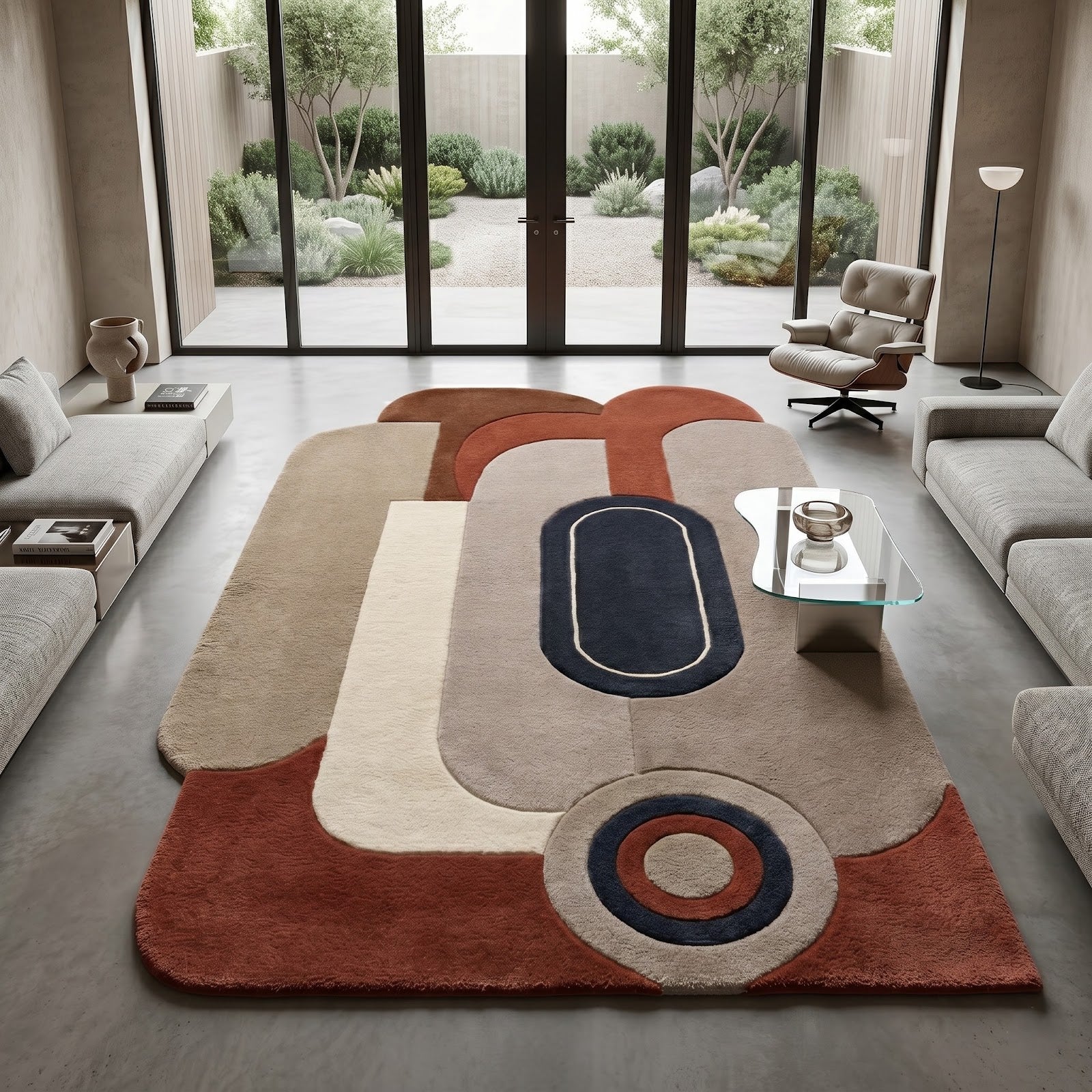 Retro Modern Hand Tufted Wool Rug | Terracotta, Beige & Navy Abstract Geometric Area Rug — 2x3 ft'